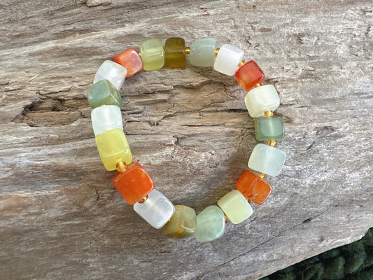 Natural Multicolor Jade and Agate Gemstone Bracelet, Healing Jewelry, Good Luck Bracelet, Fall Birthday Gift