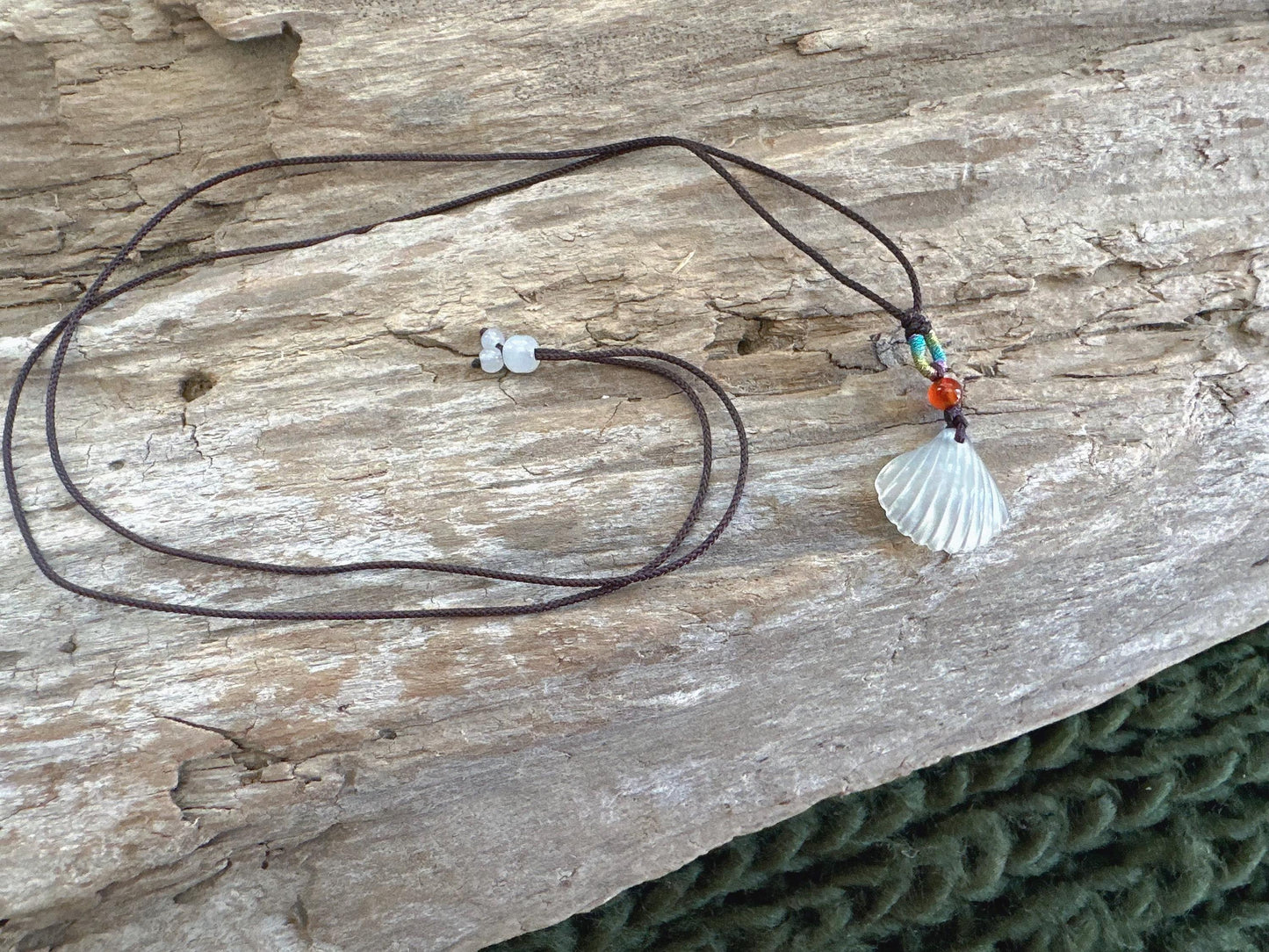 White Jade Shell Pendant Necklace: Natural Carved Jade, Beach Jewelry