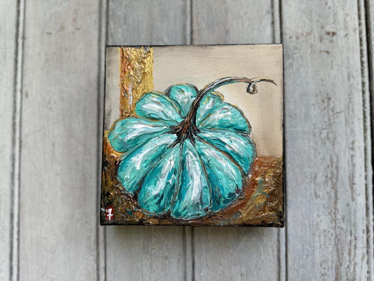 Teal Pumpkin Painting with Gold Leaf, 6x6" Canvas