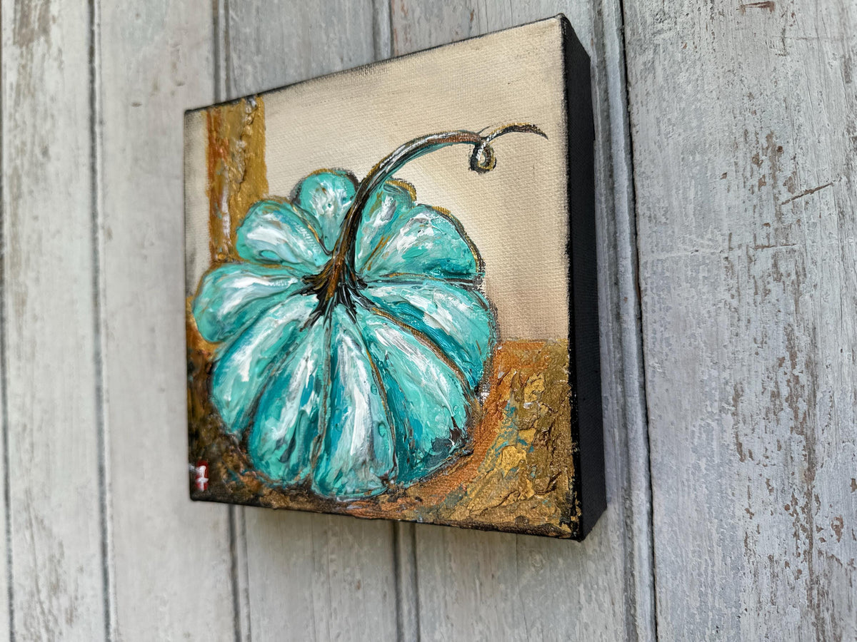 Teal Pumpkin Painting with Gold Leaf, 6x6" Canvas