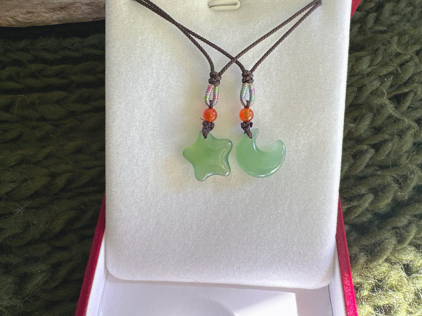 Star Moon Set of 2 Jade Necklaces for Women, Green Jade Pendant Gift, Gift For Girlfriend, Love Gift, Anniversary Gift, Wedding Couple Gift