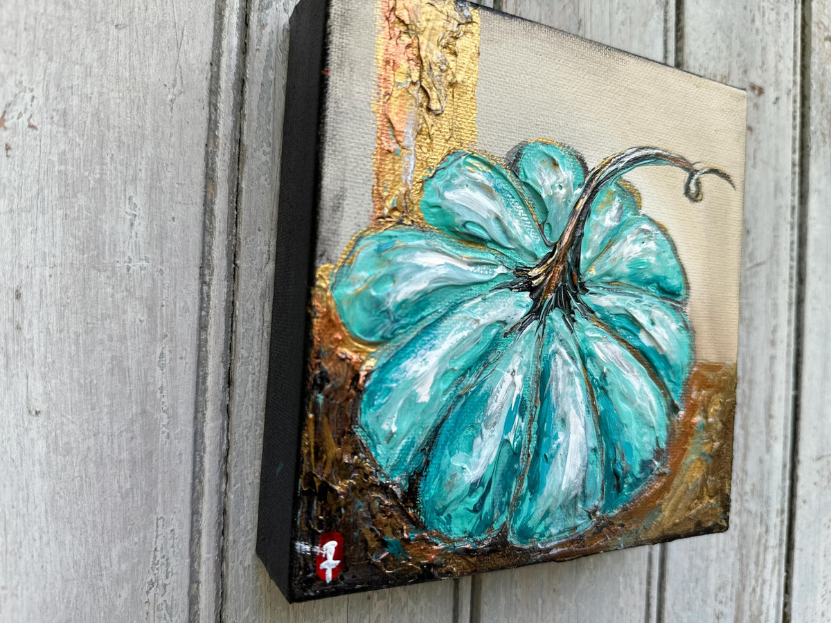 Teal Pumpkin Painting with Gold Leaf, 6x6" Canvas