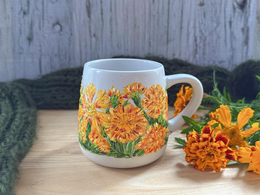 Hand Painted Marigold Coffee Mug, October Birth Flower Gift