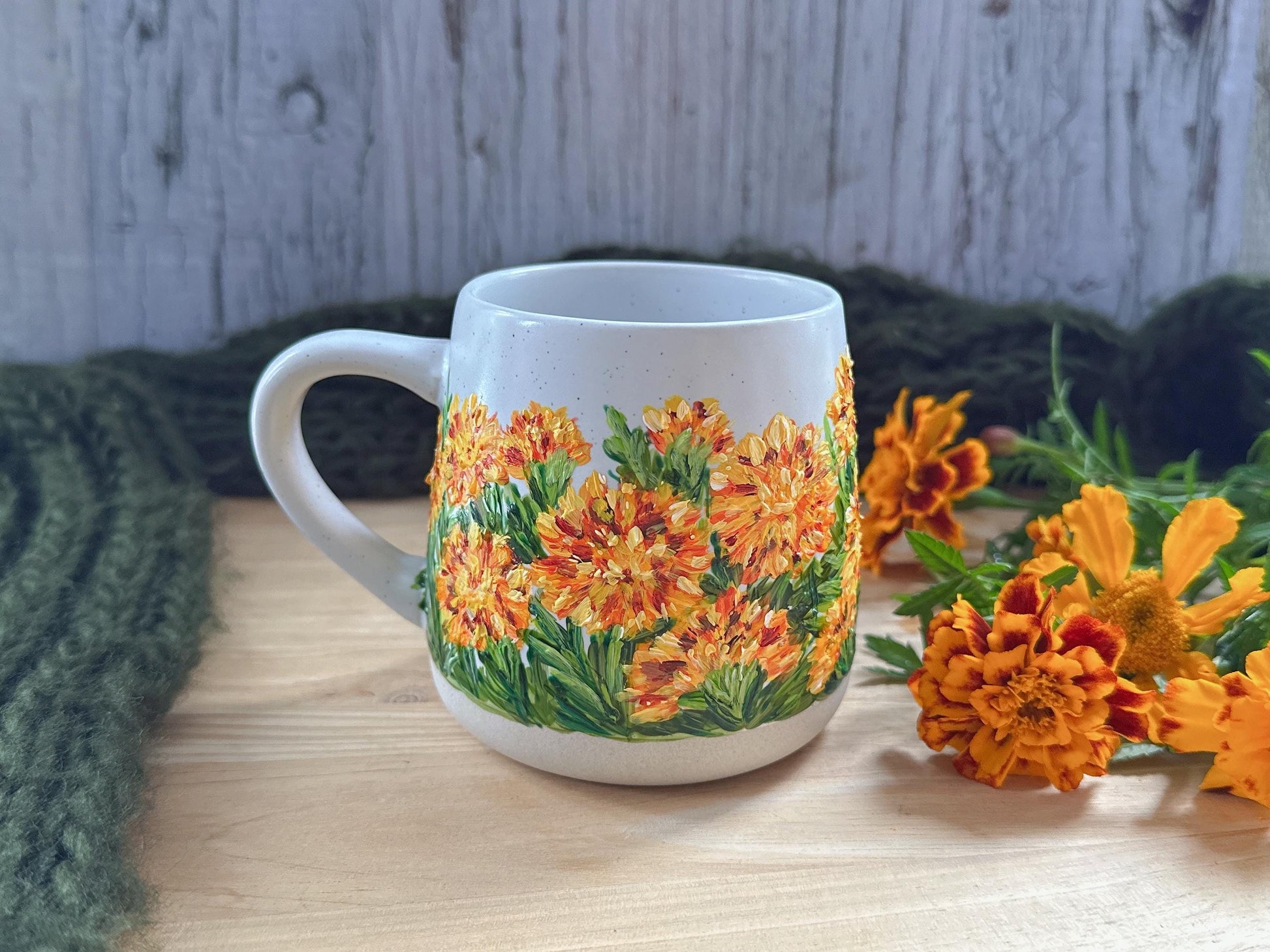 Custom Hand Painted Marigold Mug, Personalized Floral Coffee Cup, Unique Thank You Gift for Teacher, October Birth Flower Gift