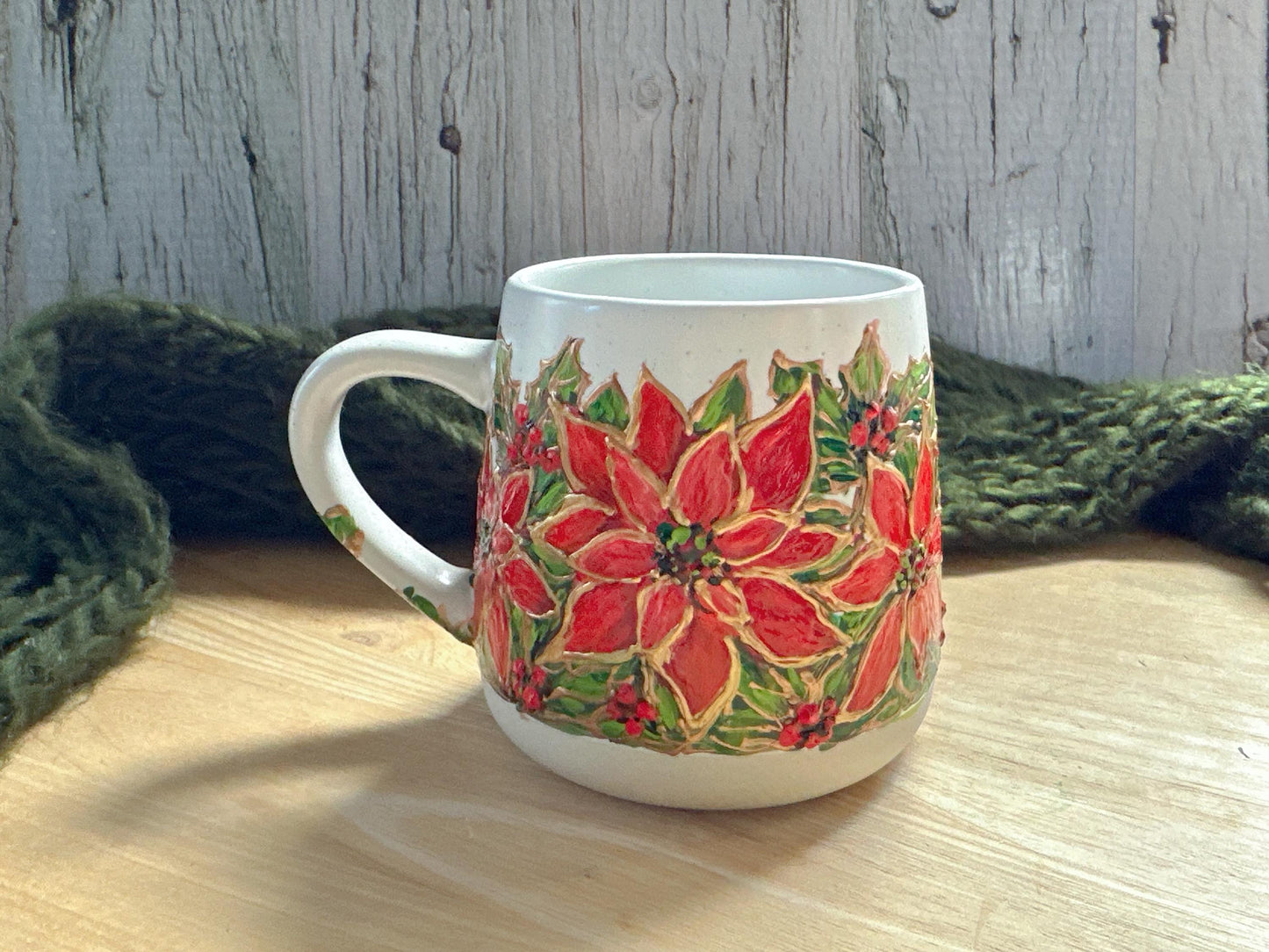 Hand Painted Poinsettias Mug, Christmas Flower Mug, Holly, Birth Month Flower Mug, Christmas Gift, December Birth Flower, December Birthday