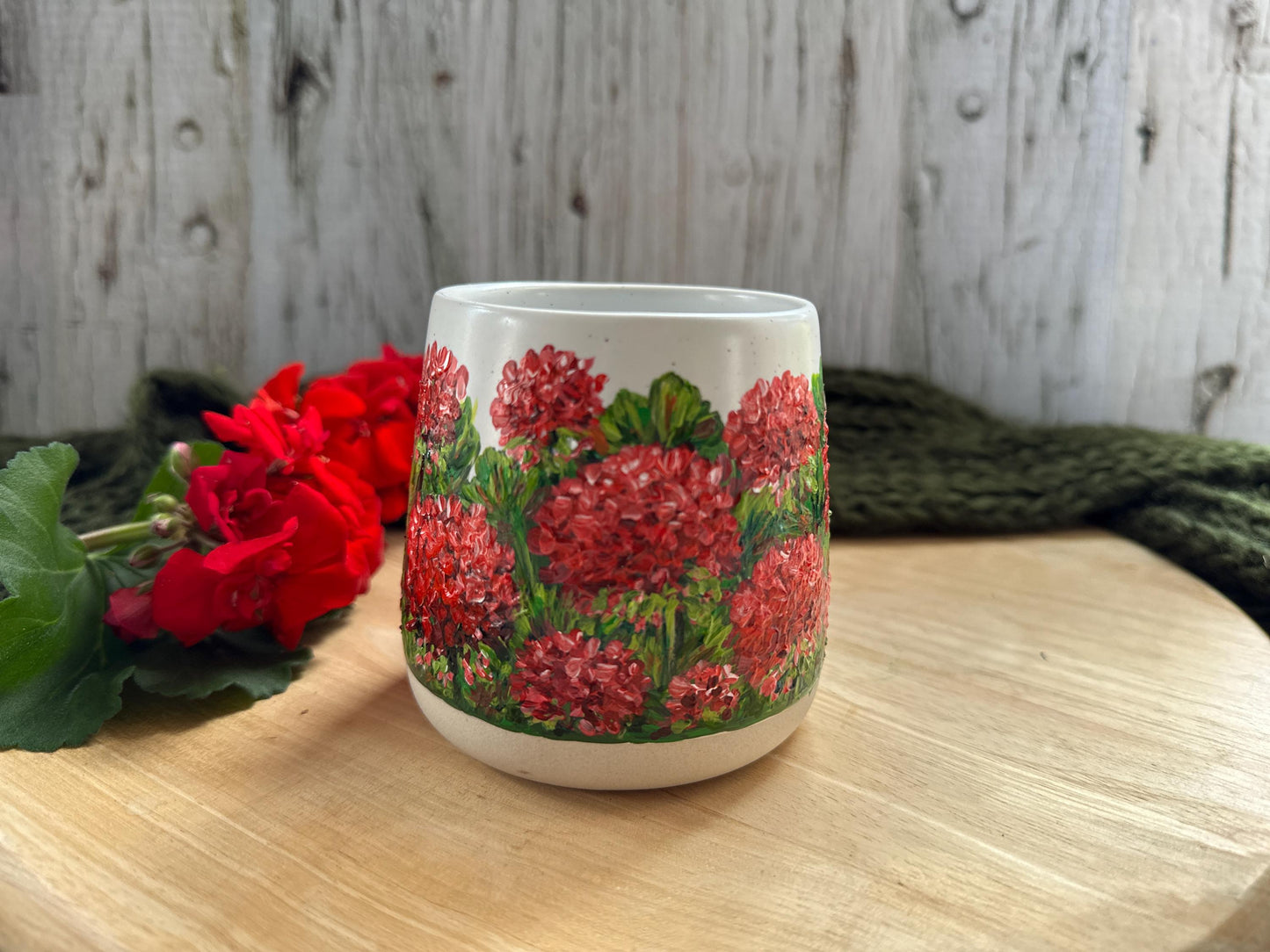 Hand-Painted Red Geranium Mug, Floral Coffee Cup, Gardener Gift