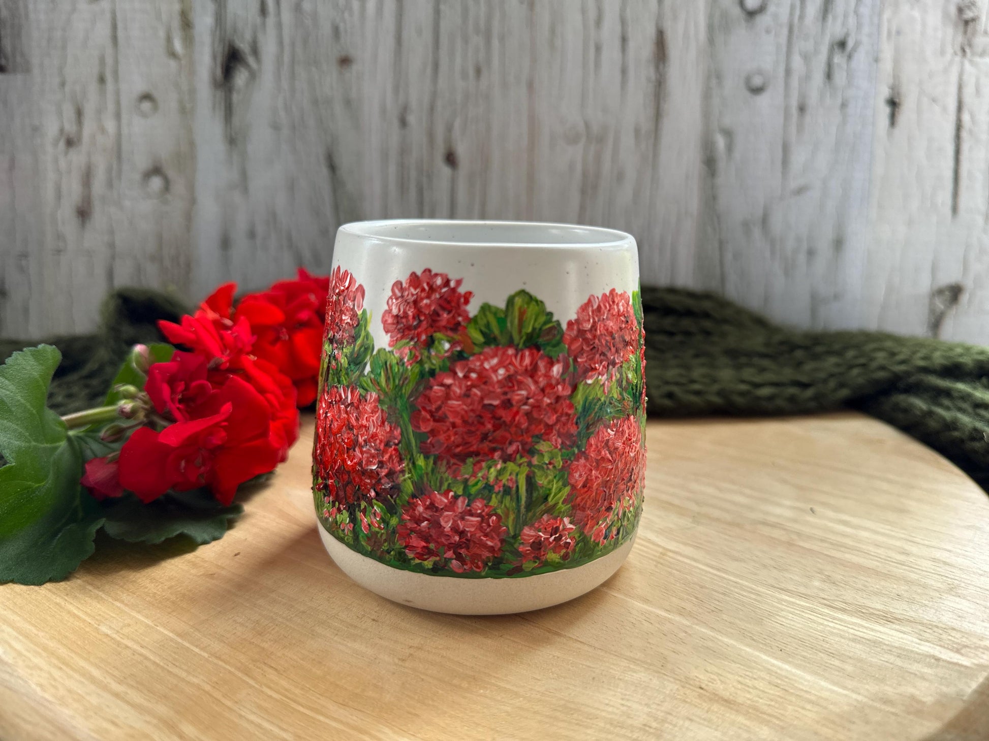 Hand-Painted Red Geranium Mug, Floral Coffee Cup, Gardener Gift