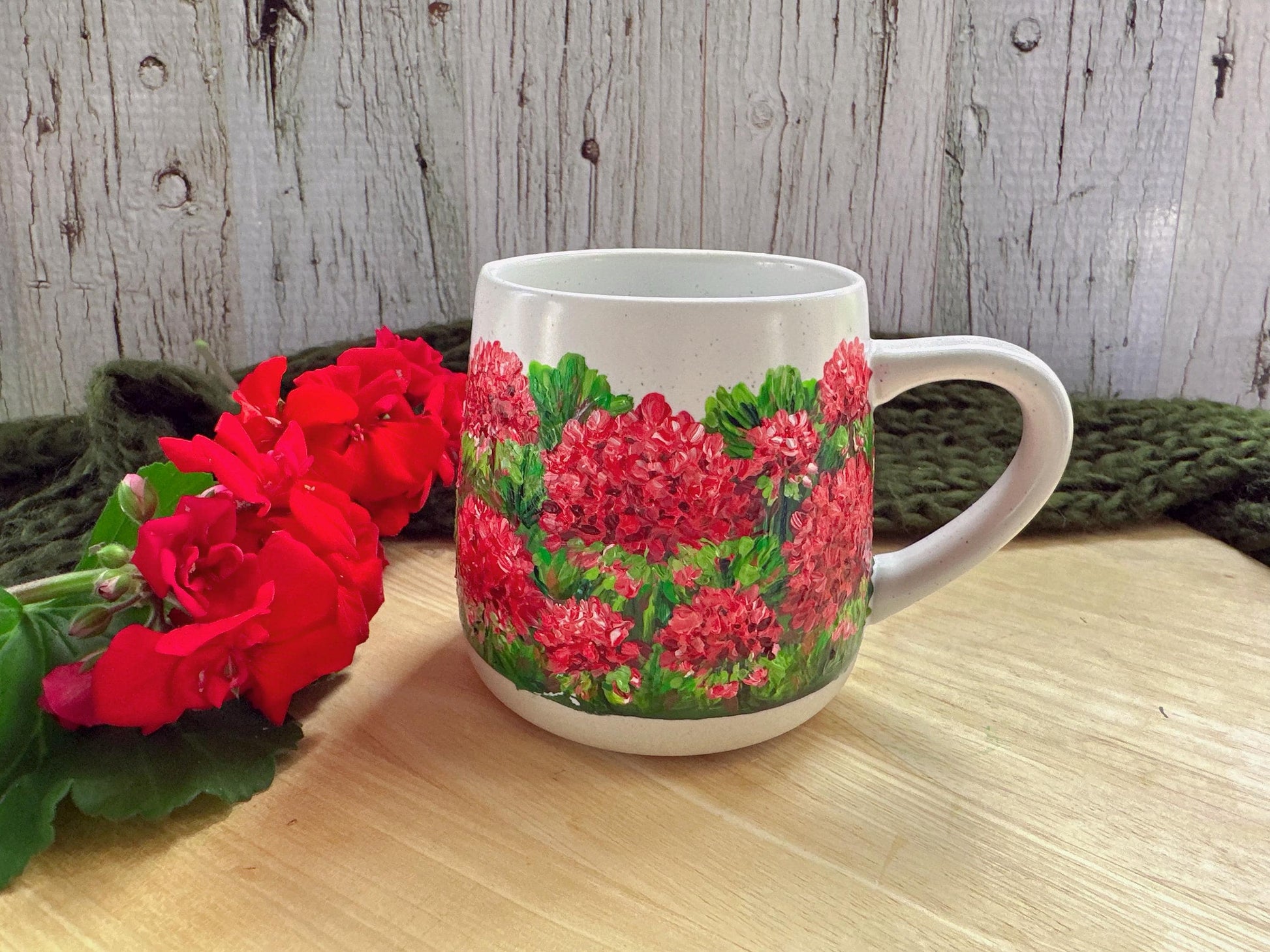 Hand-Painted Red Geranium Mug, Floral Coffee Cup, Gardener Gift