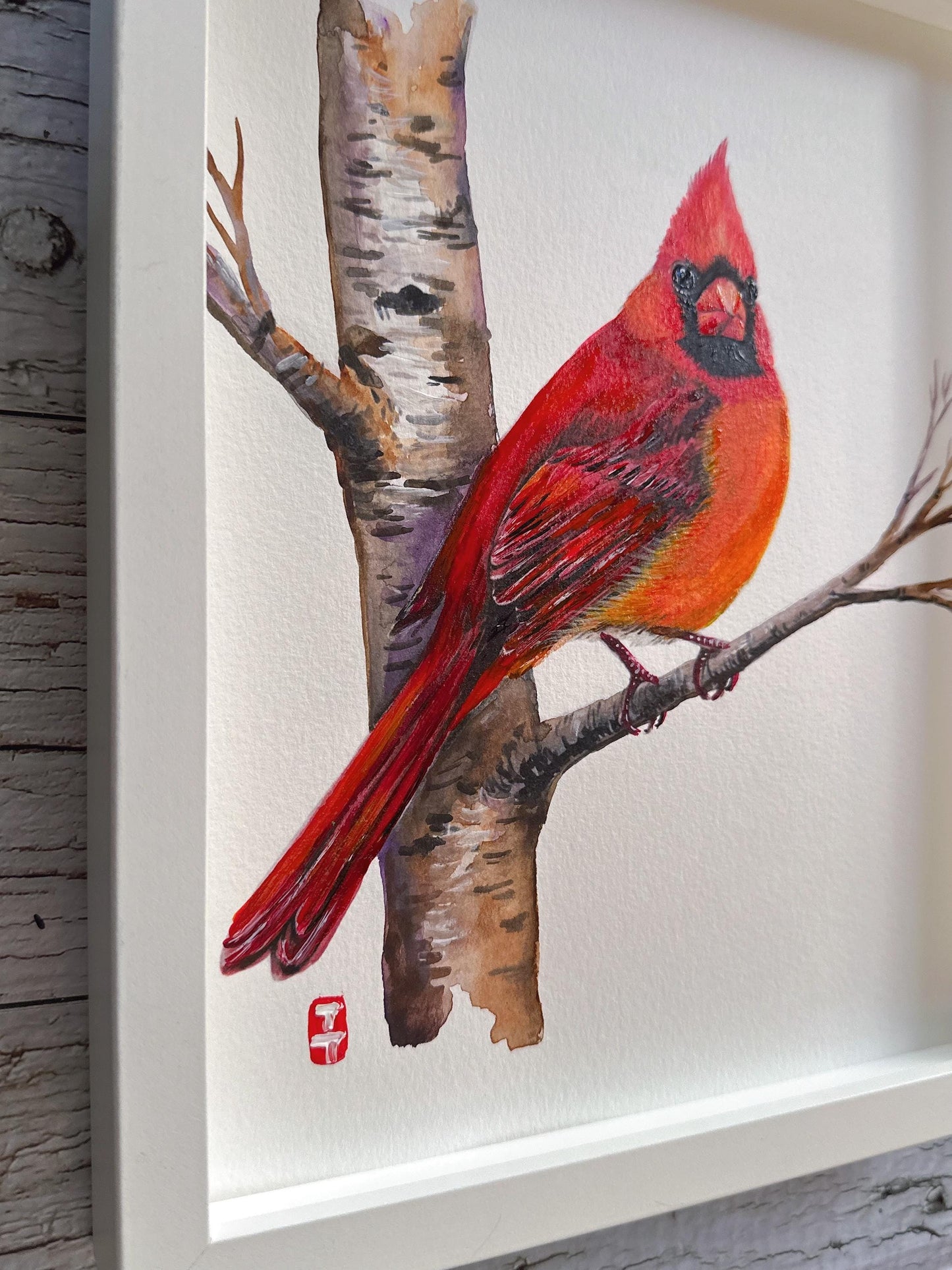 Framed Christmas Cardinal Watercolor Painting, Original Bird Art