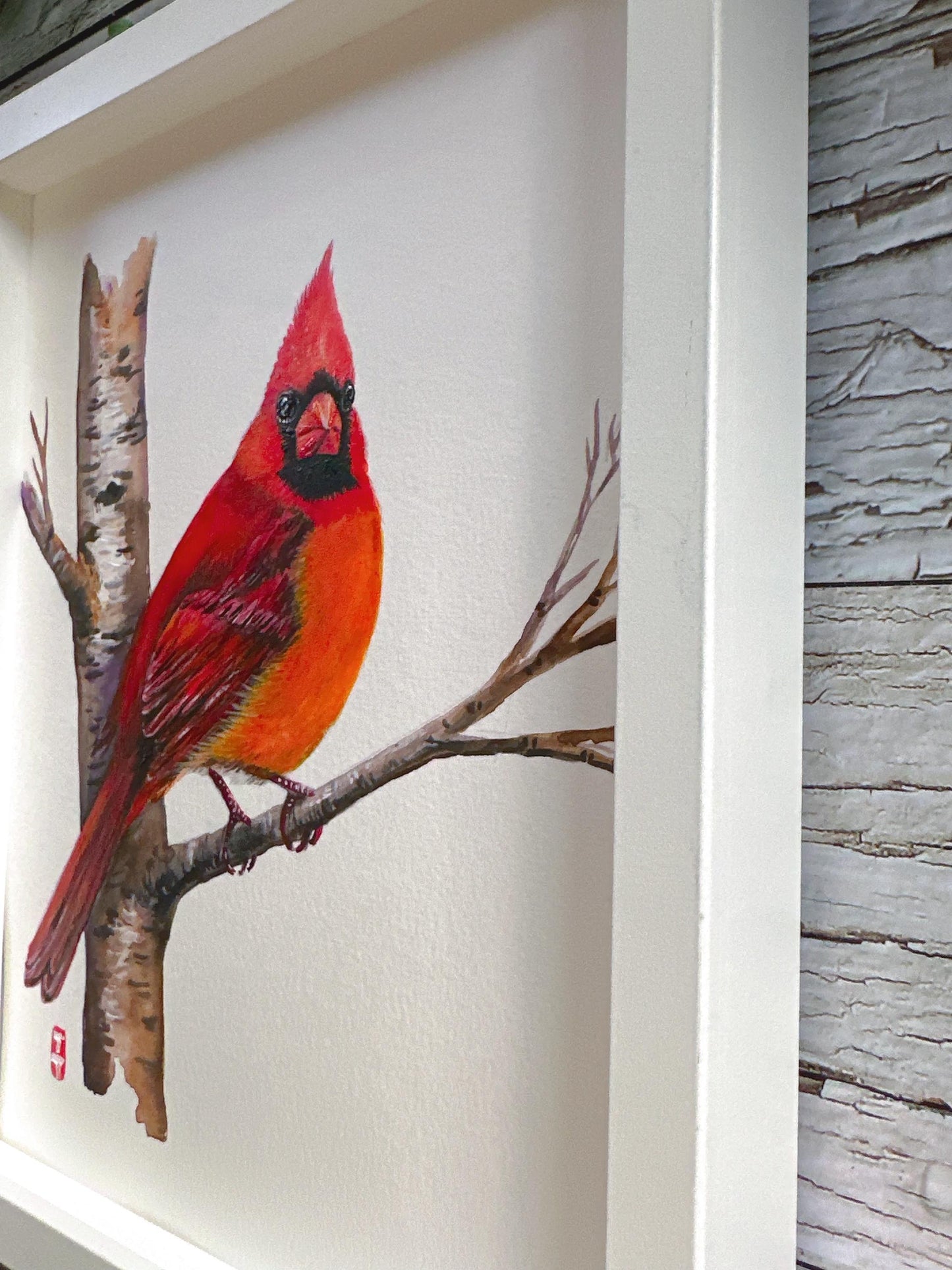 Framed Christmas Cardinal Watercolor Painting, Original Bird Art