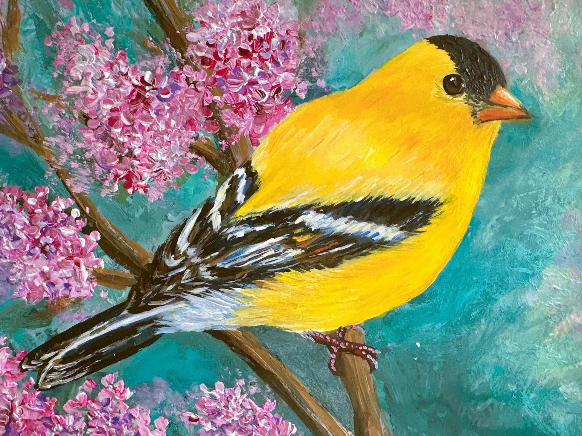 Framed Goldfinch Painting Original, Bird Lover Gift, 8x10"