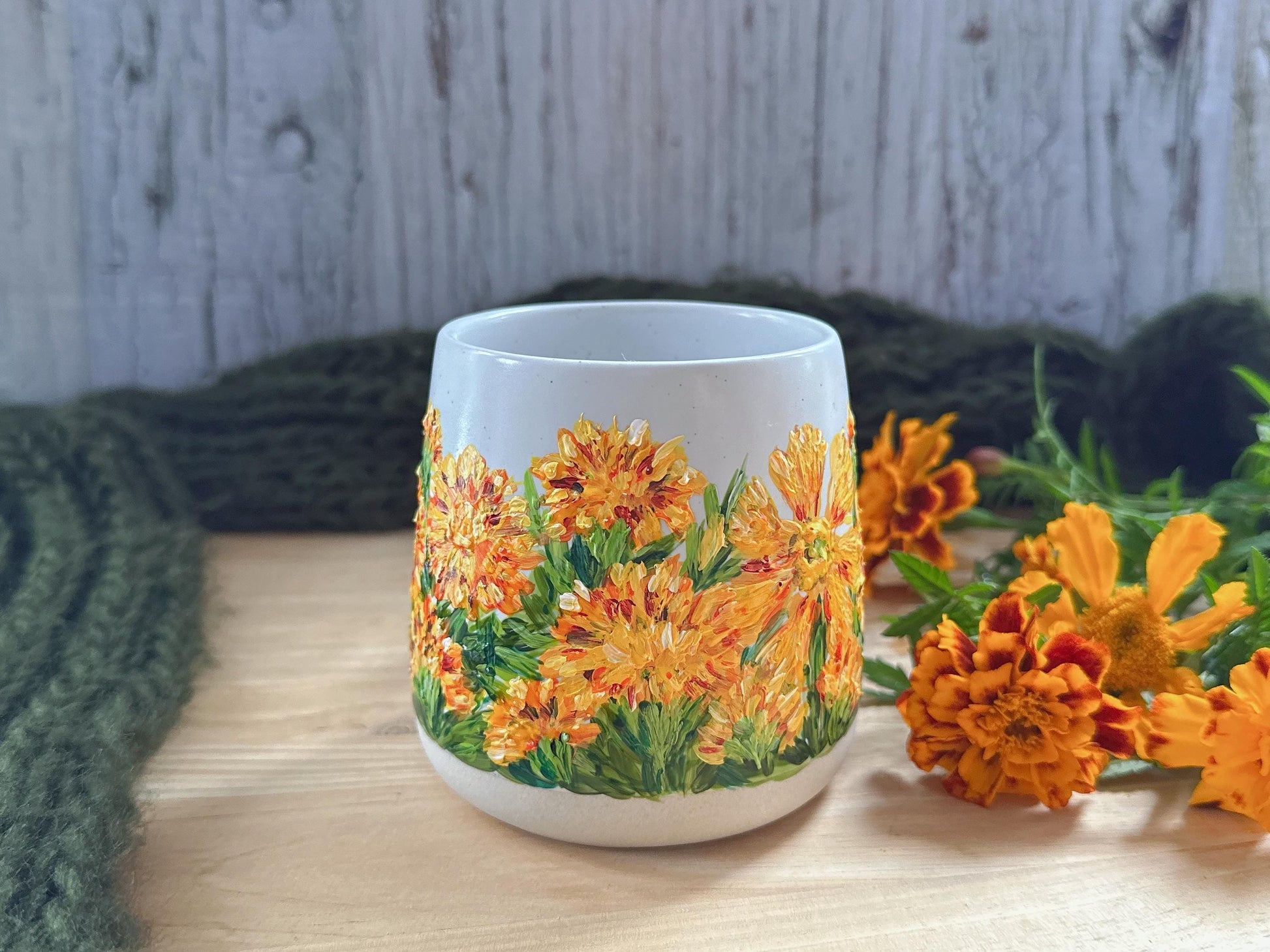 Custom Hand Painted Marigold Mug, Personalized Floral Coffee Cup, Unique Thank You Gift for Teacher, October Birth Flower Gift