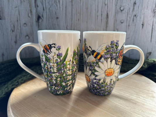 Hand Painted Lavender and Bee Mug, Floral Hand Painted Coffee Mug, Flower Christmas Gift, Birth Month Flower Mug, Gift For Mom, Grandma Gift