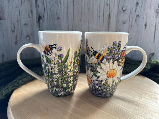 Hand Painted Lavender and Bee Mug, Floral Hand Painted Coffee Mug, Flower Christmas Gift, Birth Month Flower Mug, Gift For Mom, Grandma Gift