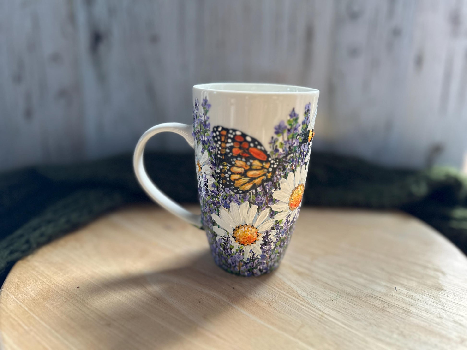 Hand Painted Lavender and Bee Mug, Floral Hand Painted Coffee Mug, Flower Christmas Gift, Birth Month Flower Mug, Gift For Mom, Grandma Gift