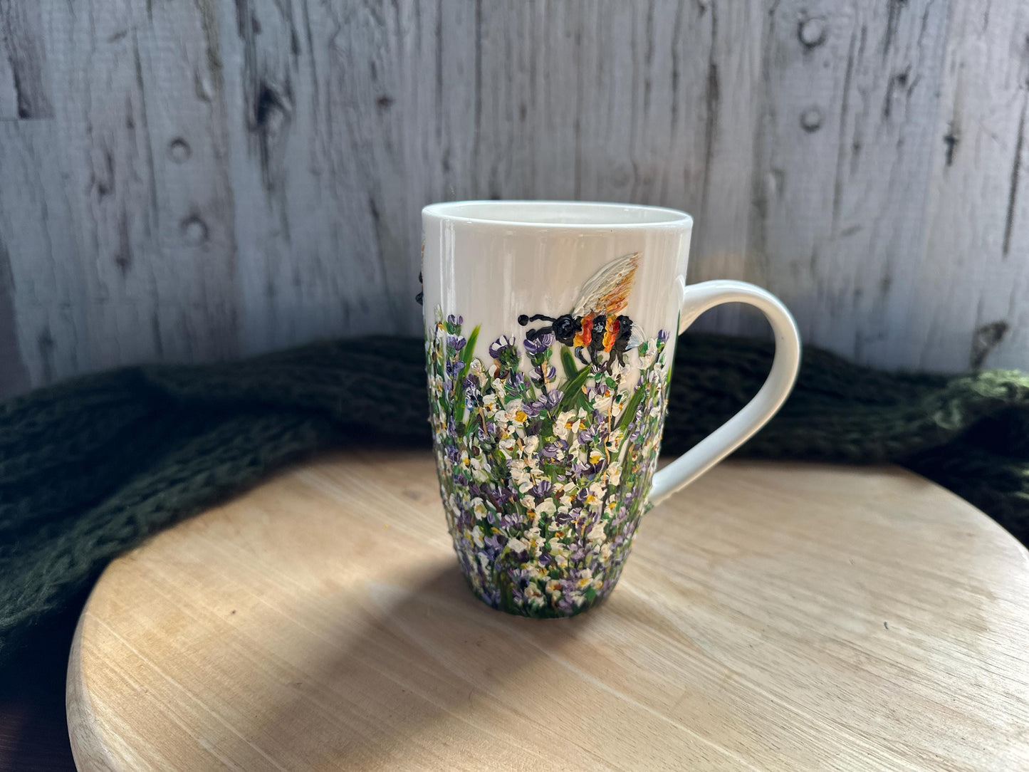 Hand Painted Lavender and Bee Mug, Floral Hand Painted Coffee Mug, Flower Christmas Gift, Birth Month Flower Mug, Gift For Mom, Grandma Gift