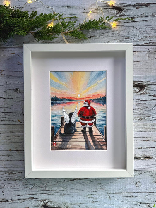 Dog memorial Christmas painting with angel dog and Santa, framed