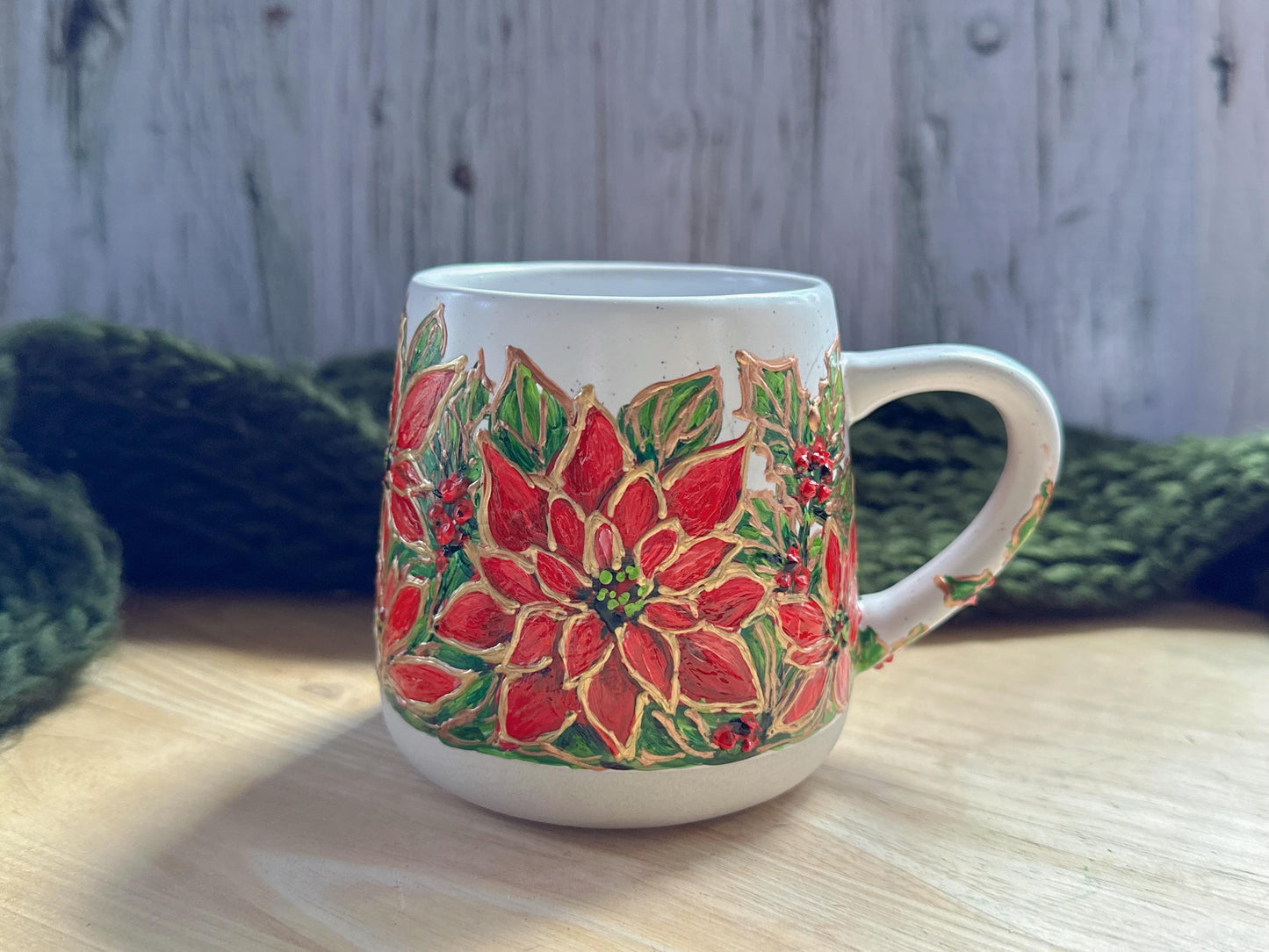 Hand Painted Poinsettias Mug, Christmas Flower Mug, Holly, Birth Month Flower Mug, Christmas Gift, December Birth Flower, December Birthday