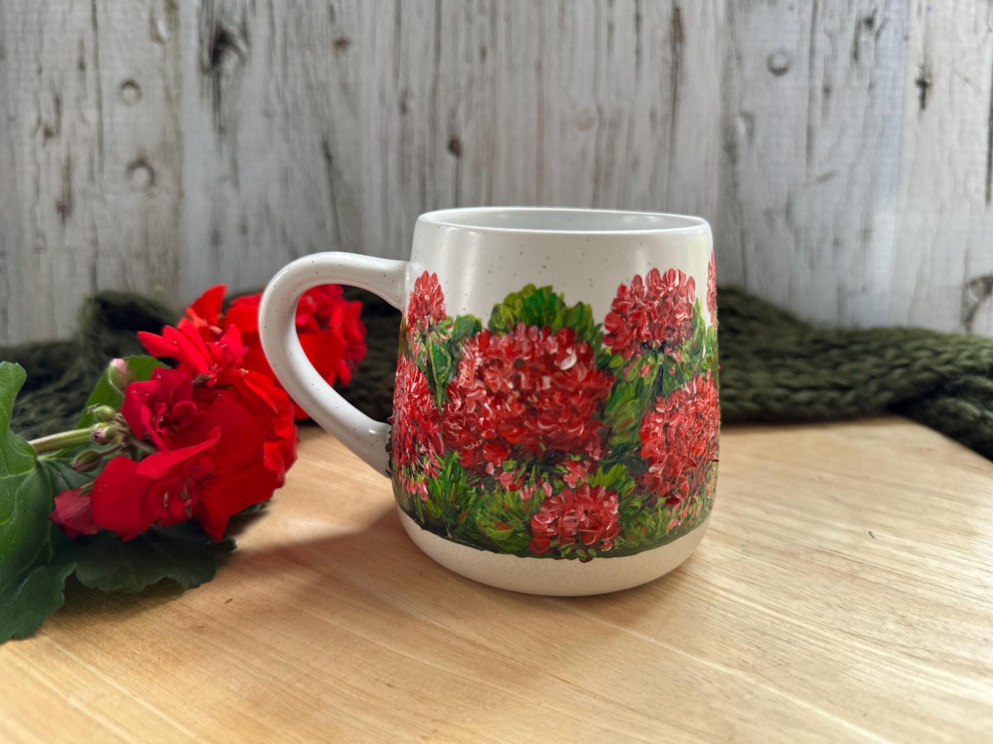 Hand-Painted Red Geranium Mug, Floral Coffee Cup, Gardener Gift