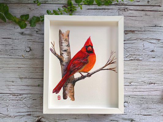 Framed Christmas Cardinal Watercolor Painting, Original Bird Art