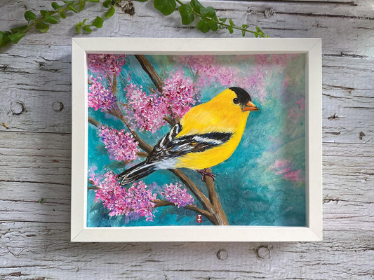 Framed Goldfinch Painting Original, Bird Lover Gift, 8x10"