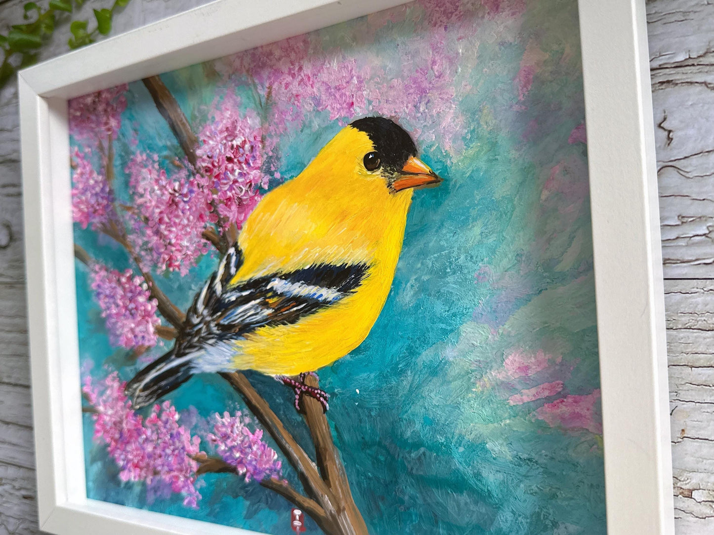 Framed Goldfinch Painting Original, Bird Lover Gift, 8x10"
