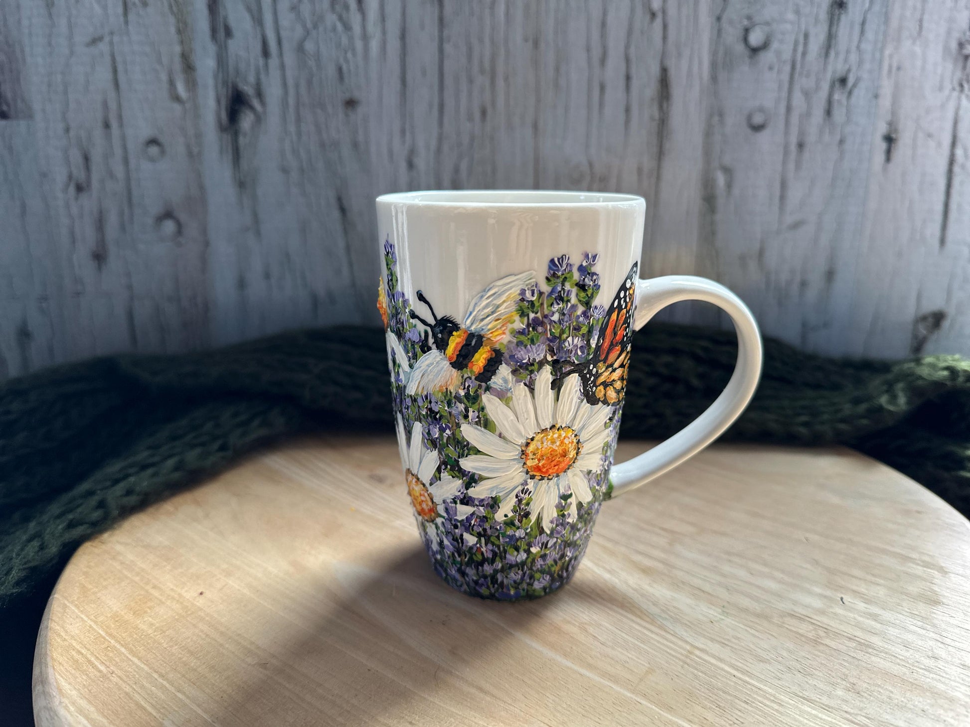 Hand Painted Lavender and Bee Mug, Floral Hand Painted Coffee Mug, Flower Christmas Gift, Birth Month Flower Mug, Gift For Mom, Grandma Gift