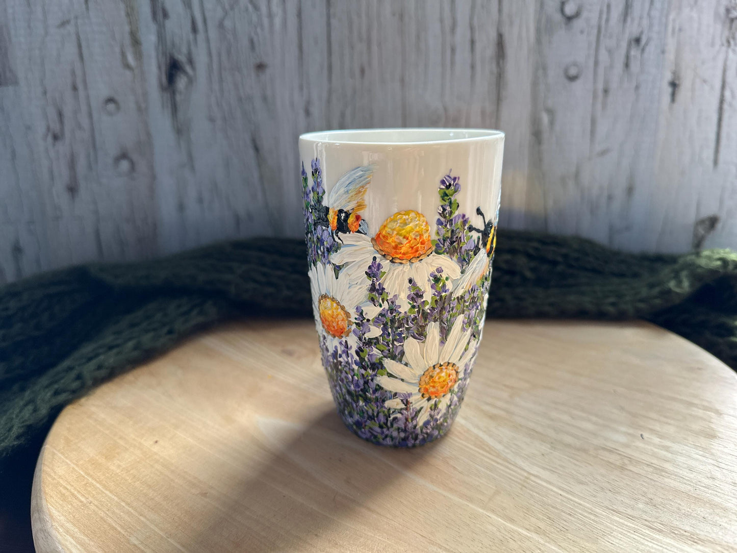 Hand Painted Lavender and Bee Mug, Floral Hand Painted Coffee Mug, Flower Christmas Gift, Birth Month Flower Mug, Gift For Mom, Grandma Gift