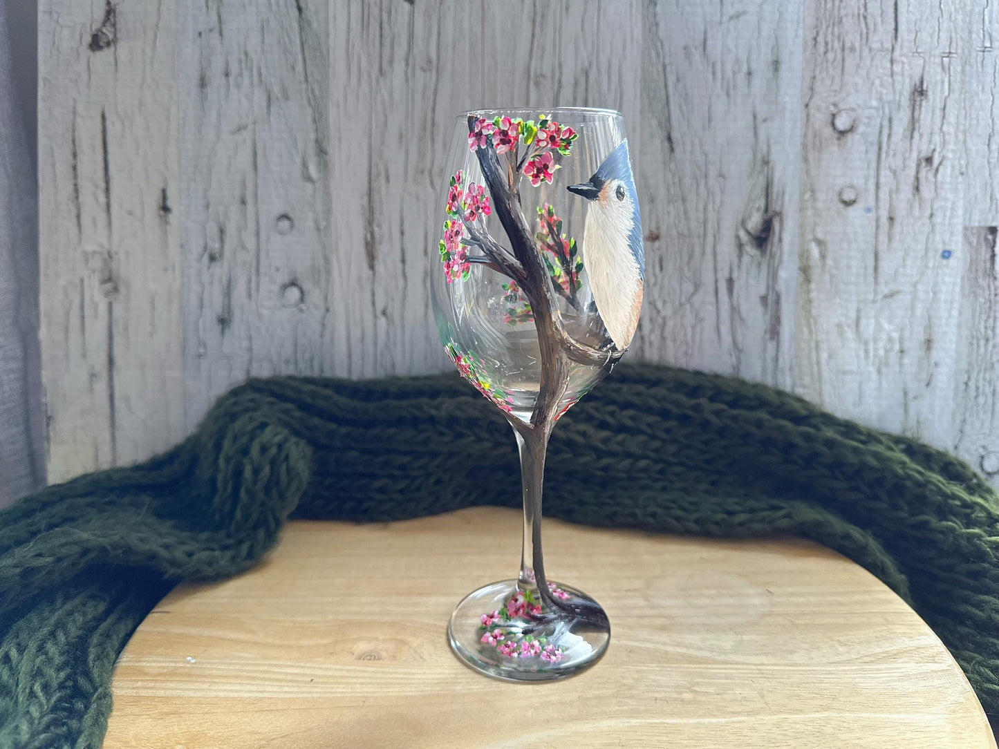 Hand Painted Tufted Titmouse Wine Glass: Bird Lover Gift