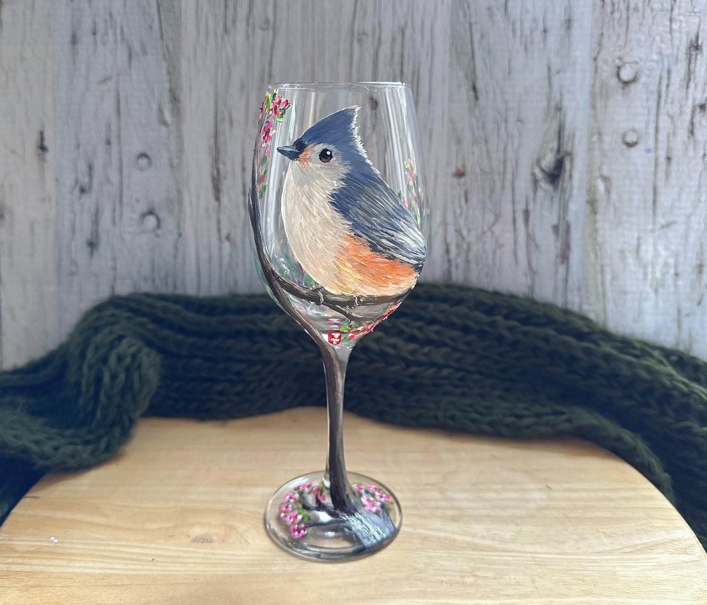 Hand Painted Tufted Titmouse Wine Glass: Bird Lover Gift