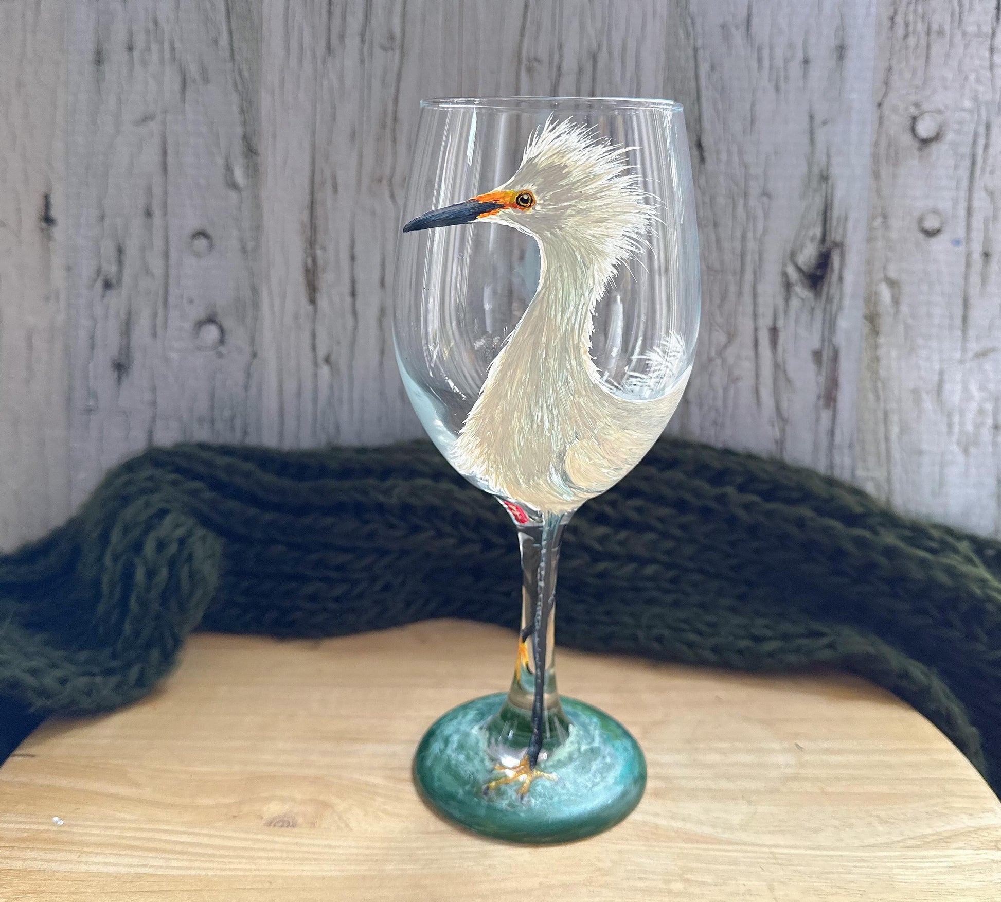 Hand Painted Snowy Egret Wine Glass: Bird Lover Gift