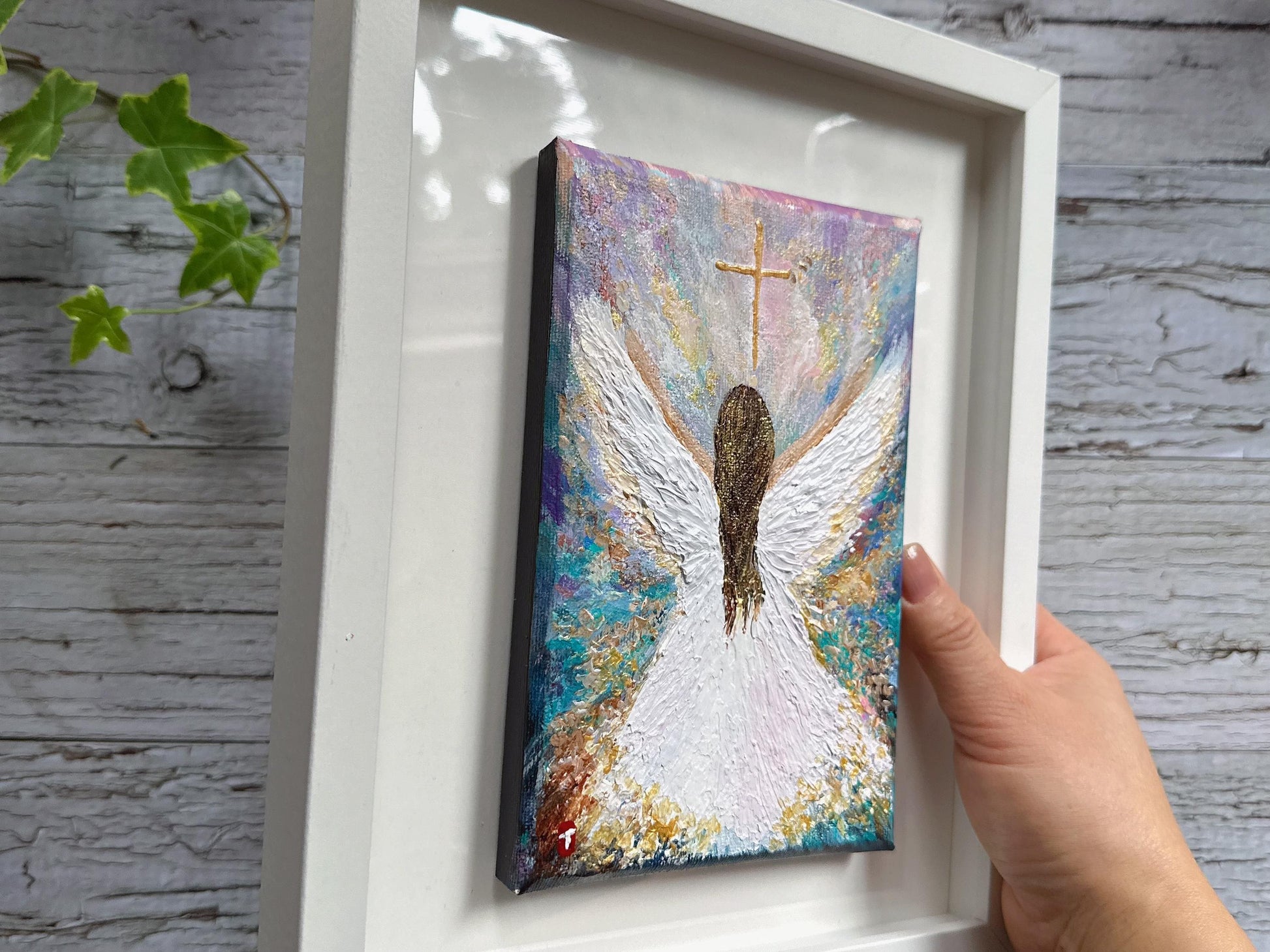 Original Angel Painting - Radiant Cross, Guardian Angel Memorial Art