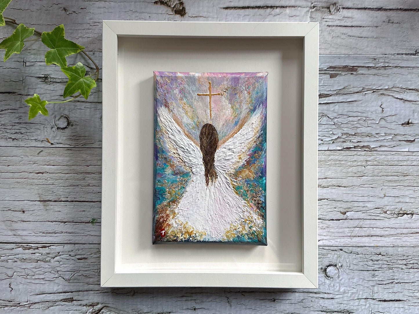 Original Angel Painting - Radiant Cross, Guardian Angel Memorial Art