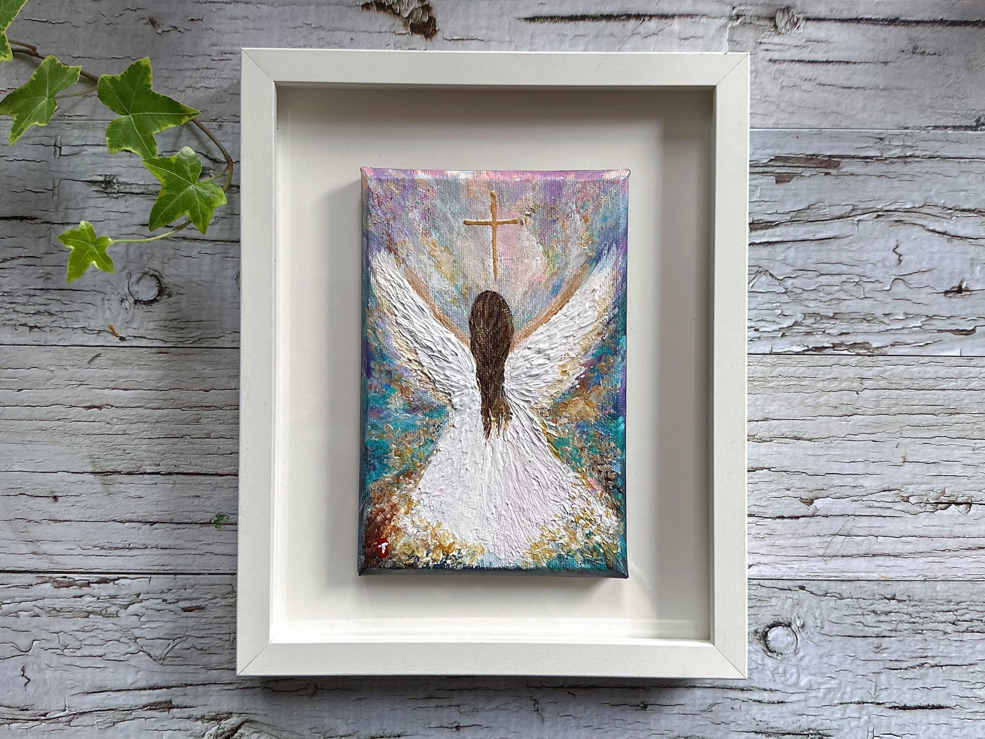 Original Angel Painting - Radiant Cross, Guardian Angel Memorial Art