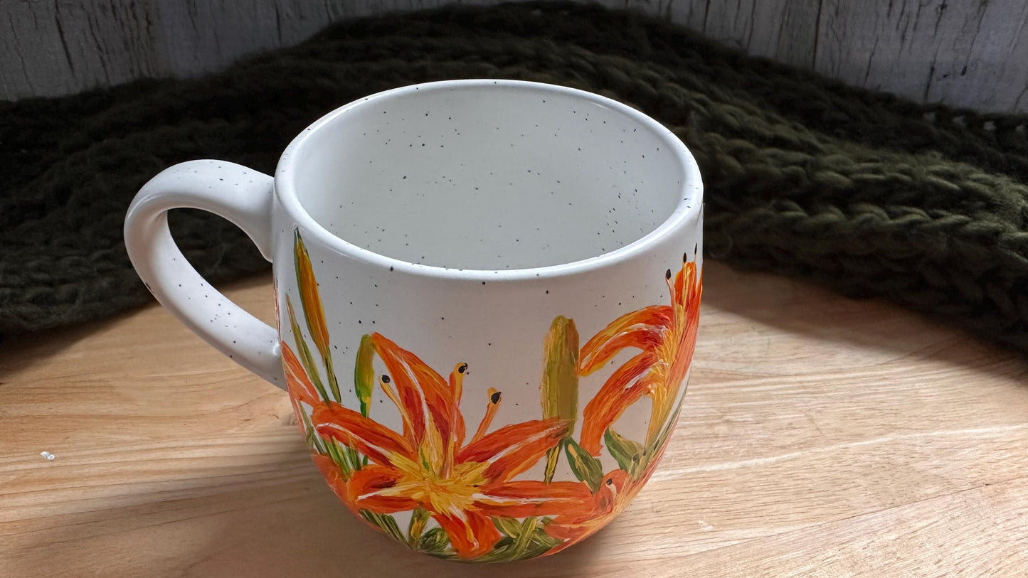 Hand Painted Tiger Lily Mug, Custom Flower Mug, Orange Flower Mug, Custom Name Cup, Lily Coffee Cup, Custom Floral Mug,Tiger Lily Lover Gift