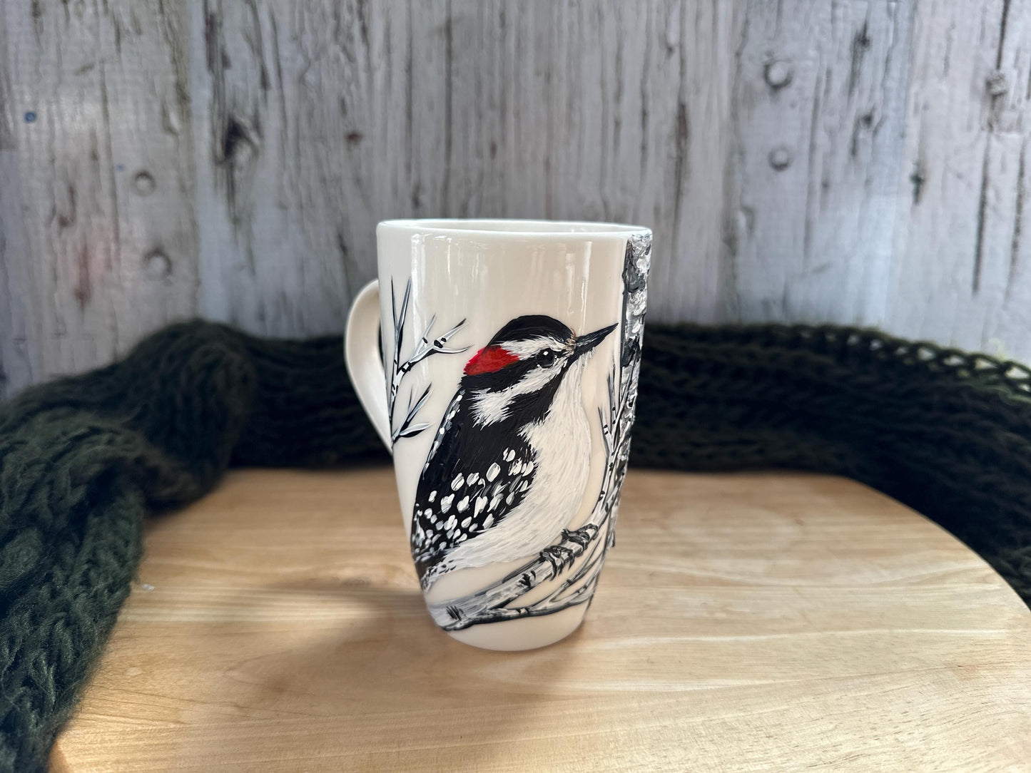 Hand Painted Woodpecker Mug: Bird Lover Gift, Downy Woodpecke, Mother's Day Gift, Coffee Cup For Mom