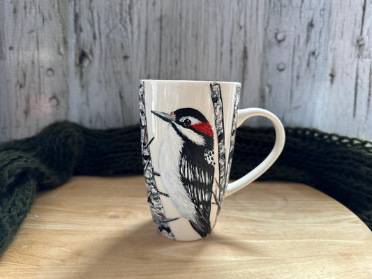 Hand Painted Woodpecker Mug: Bird Lover Gift, Downy Woodpecke, Mother's Day Gift, Coffee Cup For Mom