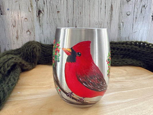Hand Painted Cardinal Stainless Steel Wine Glass, Red Cardinal Gift, Papa Bird, Fathers Day Gift, Gift For Dad, New Dad Gift