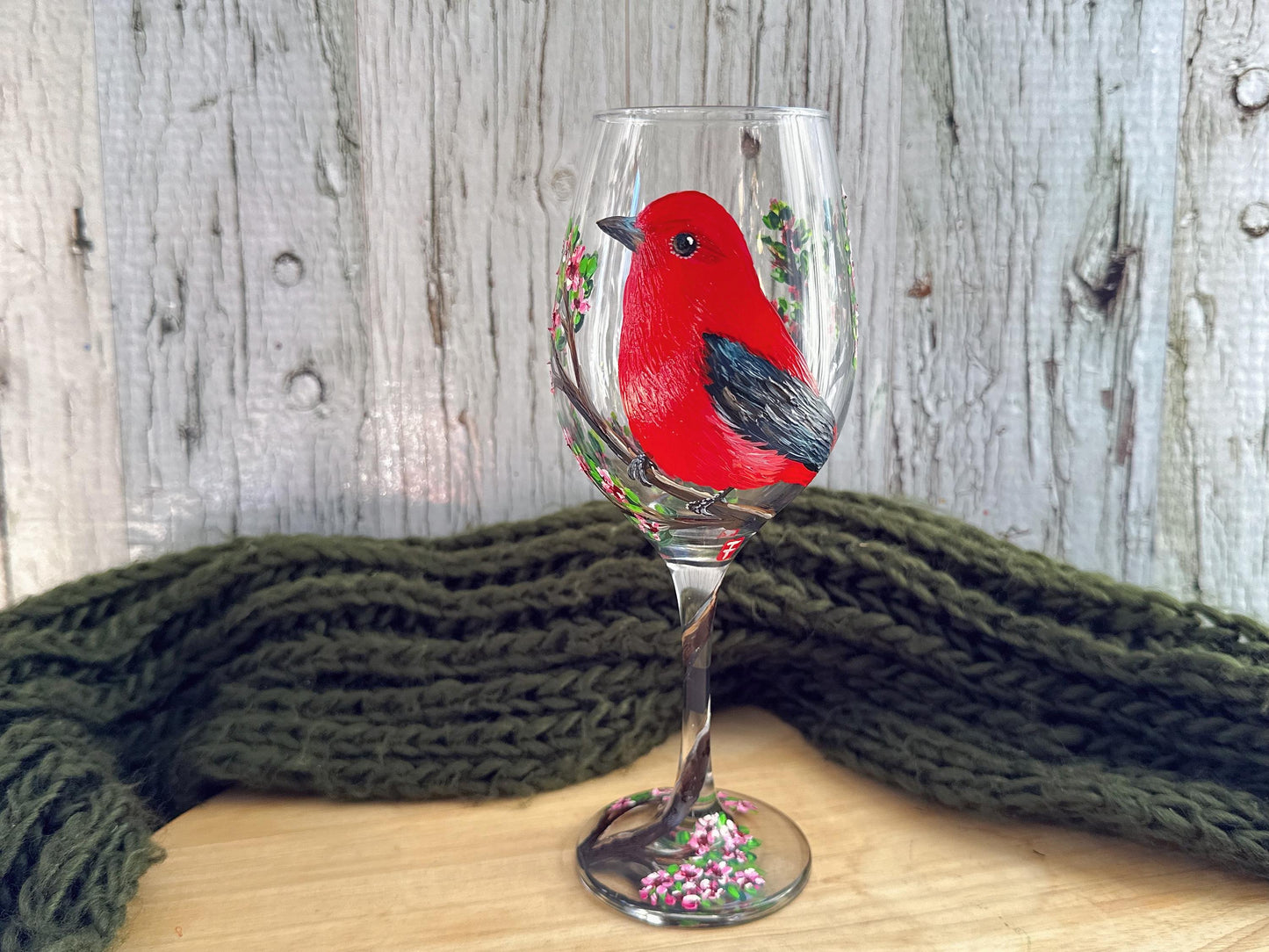 Hand-Painted Scarlet Tanager Wine Glass: Bird Lover Gift