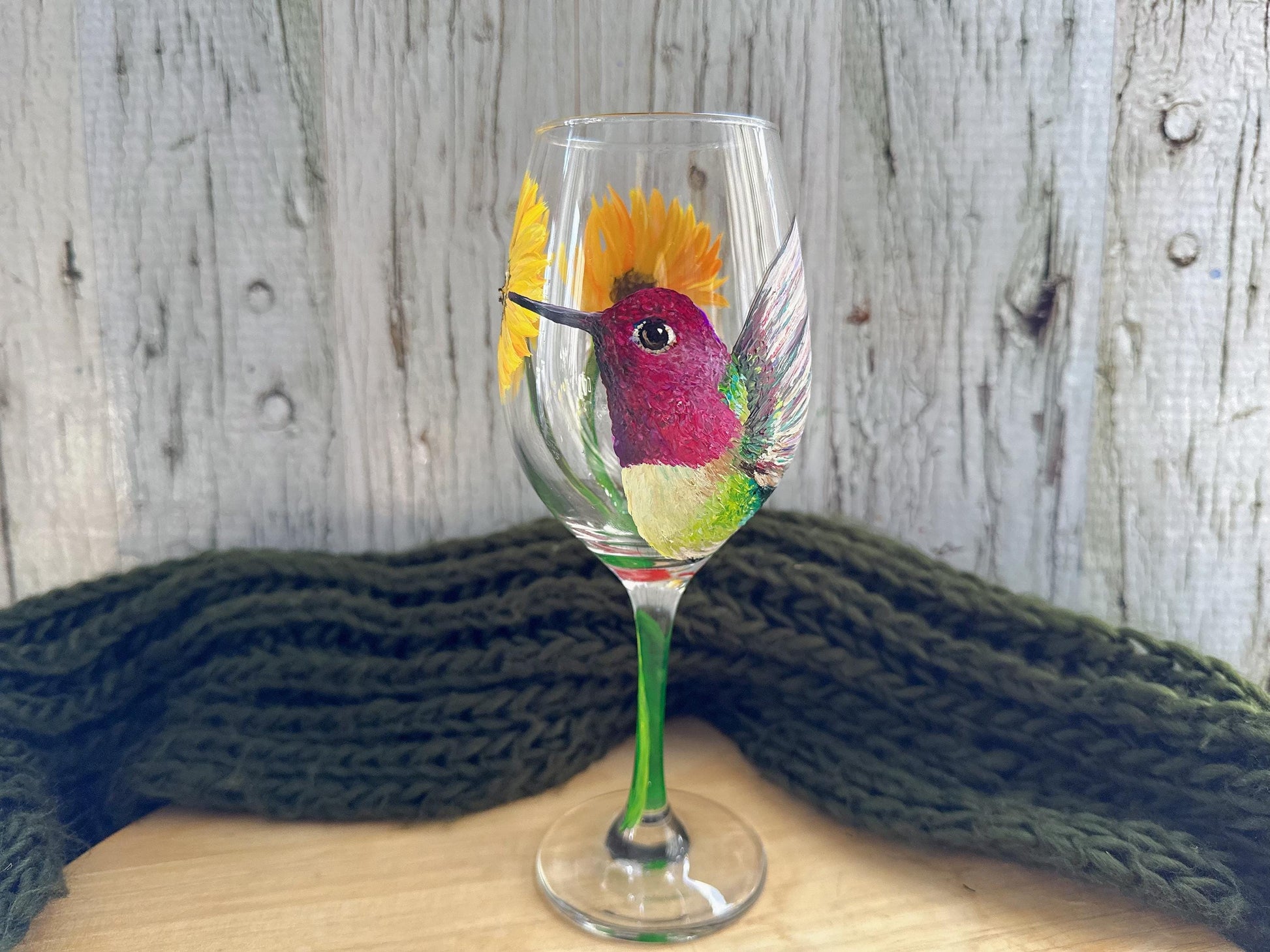 Hand painted Humming Bird wine glass, Mothers day gift, Wedding, Anniversary, Gift for Mom, Bird lover gift, Hummingbird gifts