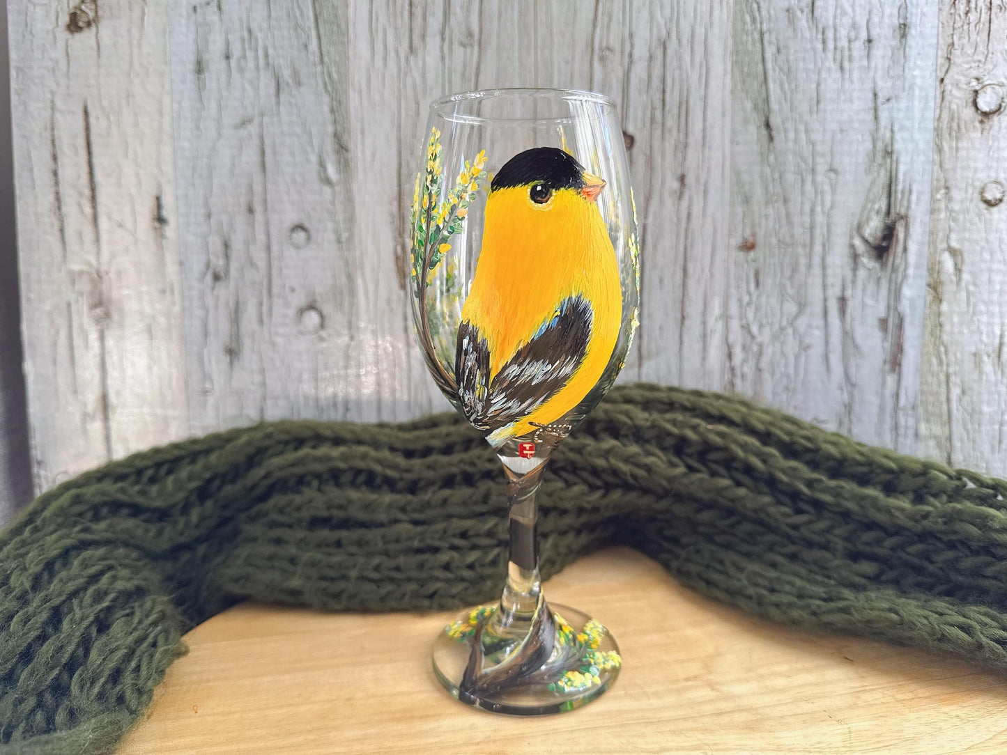 Hand Painted Goldfinch Wine Glass, Yellow Bird Gift, Bird Lover Gift, Bird Birthday Gift, Bird Watcher, Gift for Mom, Dad, Teacher, Boss