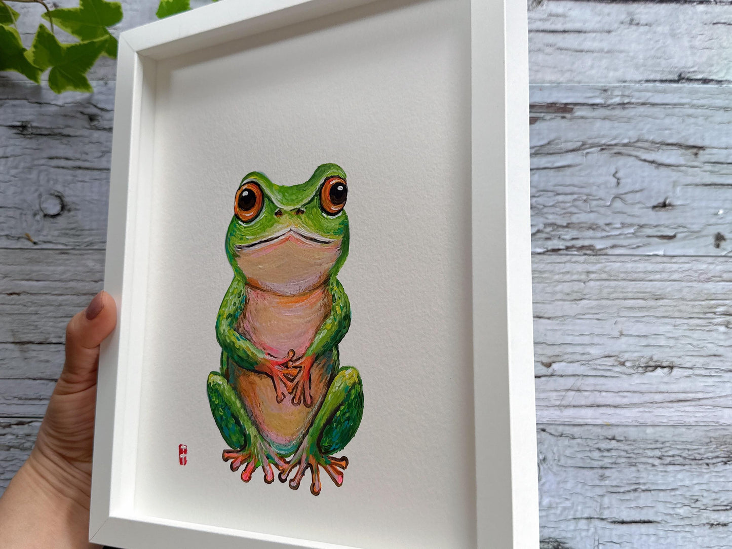 Original Framed Tree Frog Painting, Whimsical Wildlife Wall Art Ready to Hang, Nursery Decor