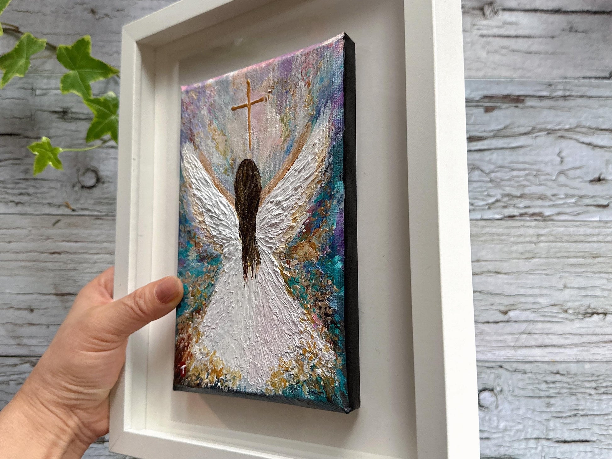 Original Angel Painting - Radiant Cross, Guardian Angel Memorial Art