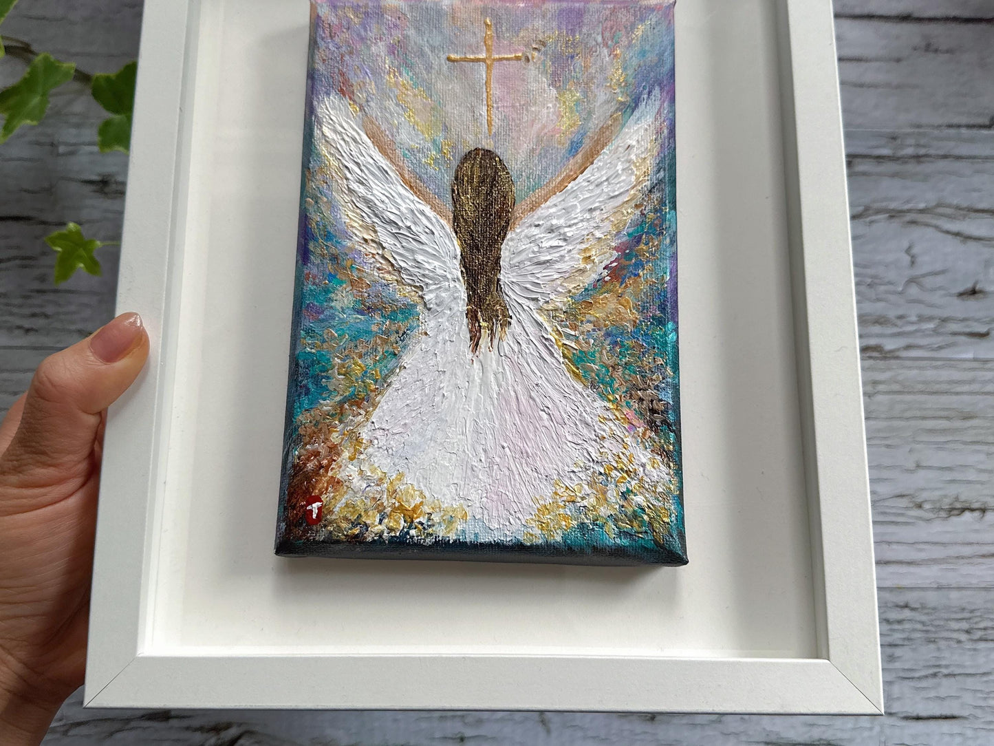 Original Angel Painting - Radiant Cross, Guardian Angel Memorial Art