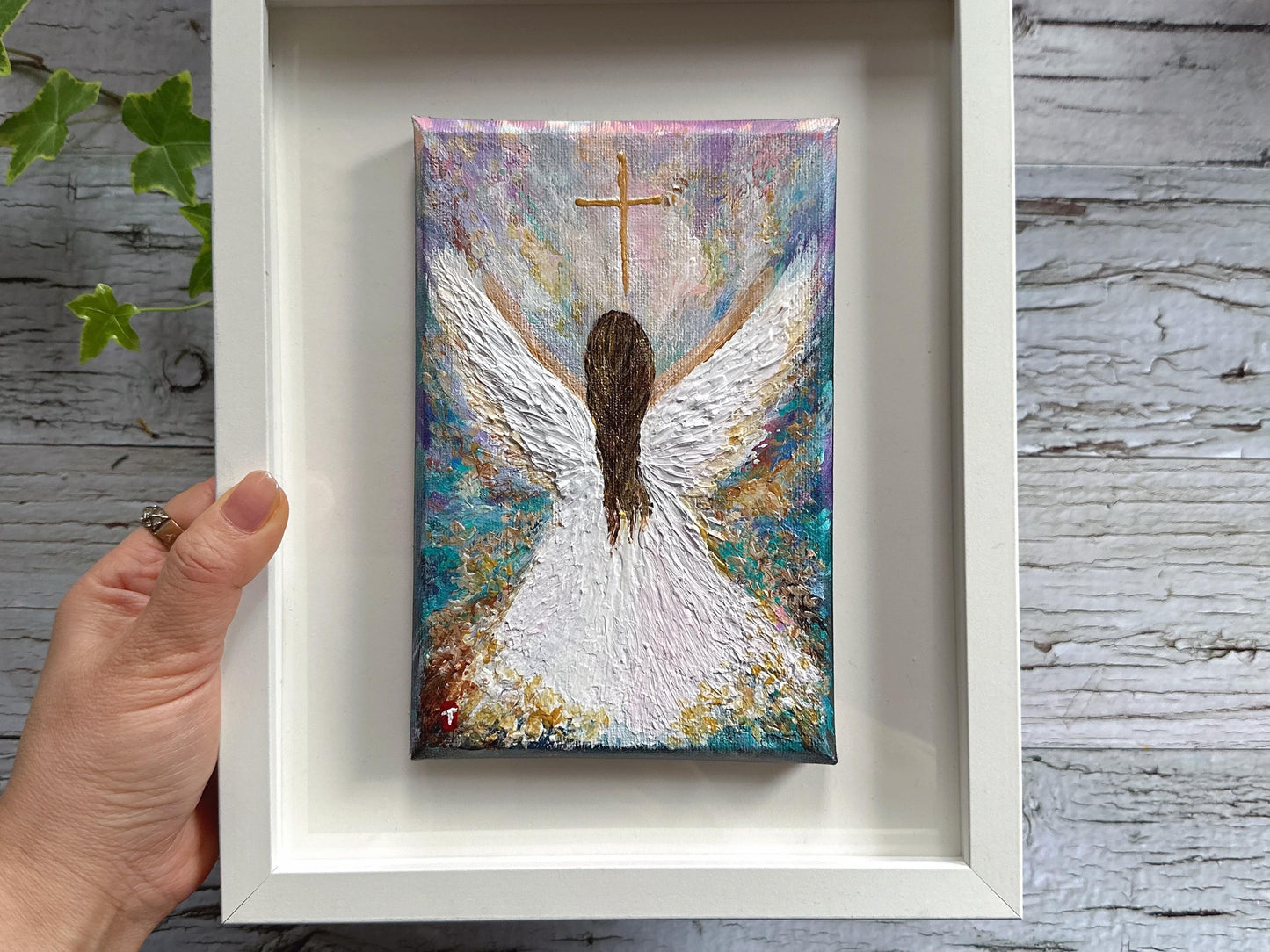 Original Angel Painting - Radiant Cross, Guardian Angel Memorial Art