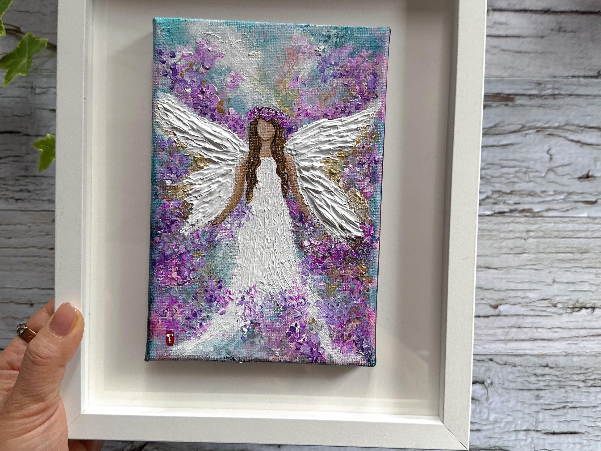 Original Angel Painting - Purple Flower Crown, Guardian Angel Wall Art