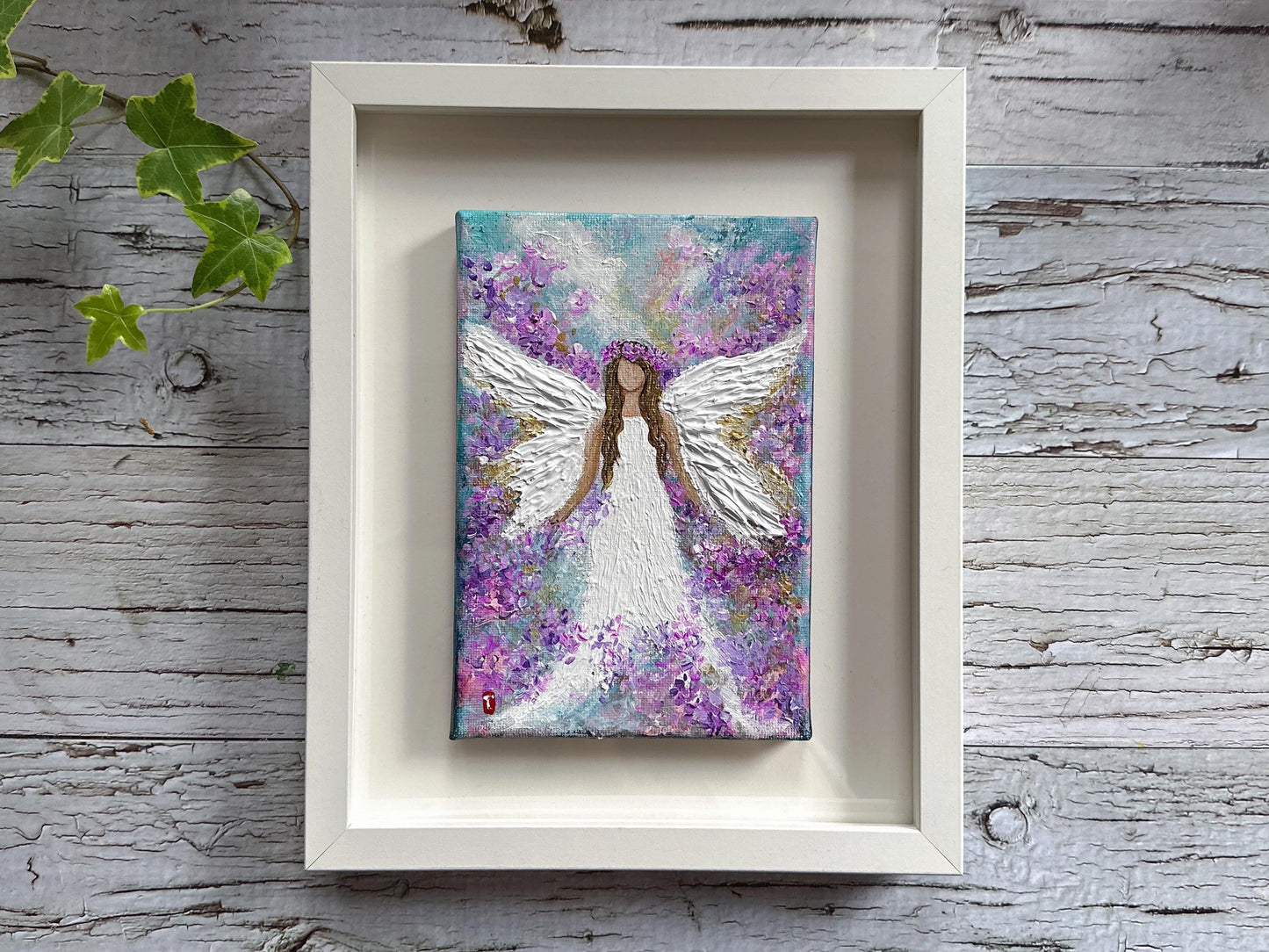 Original Angel Painting - Purple Flower Crown, Guardian Angel Wall Art