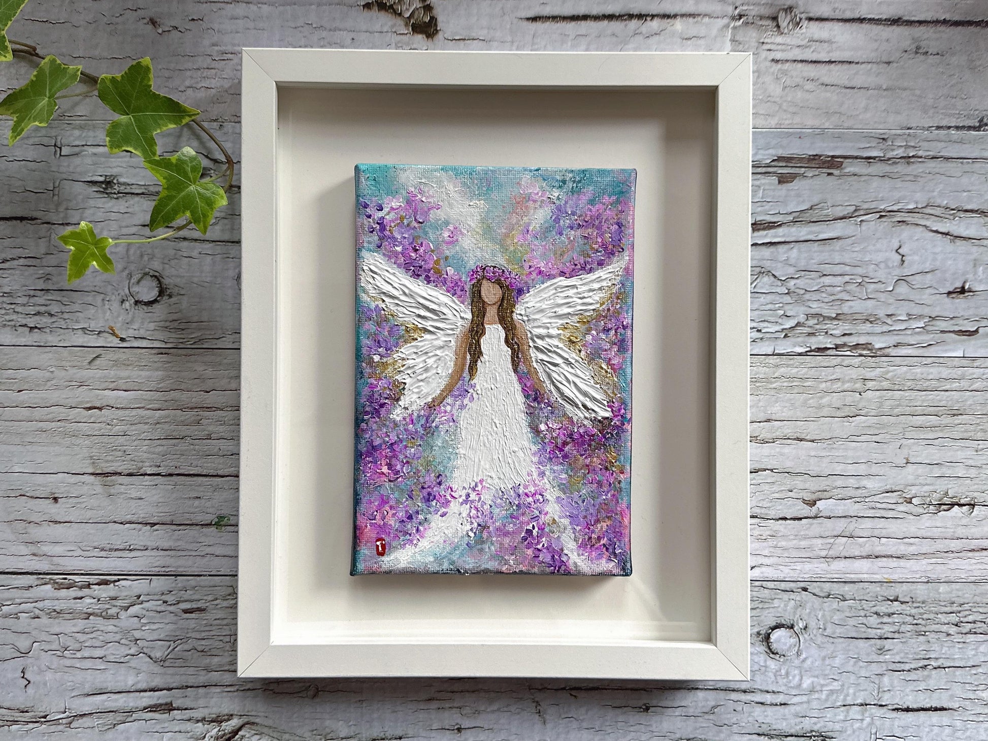 Original Angel Painting - Purple Flower Crown, Guardian Angel Wall Art