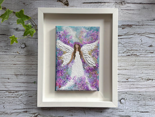 Original Angel Painting - Purple Flower Crown, Guardian Angel Wall Art