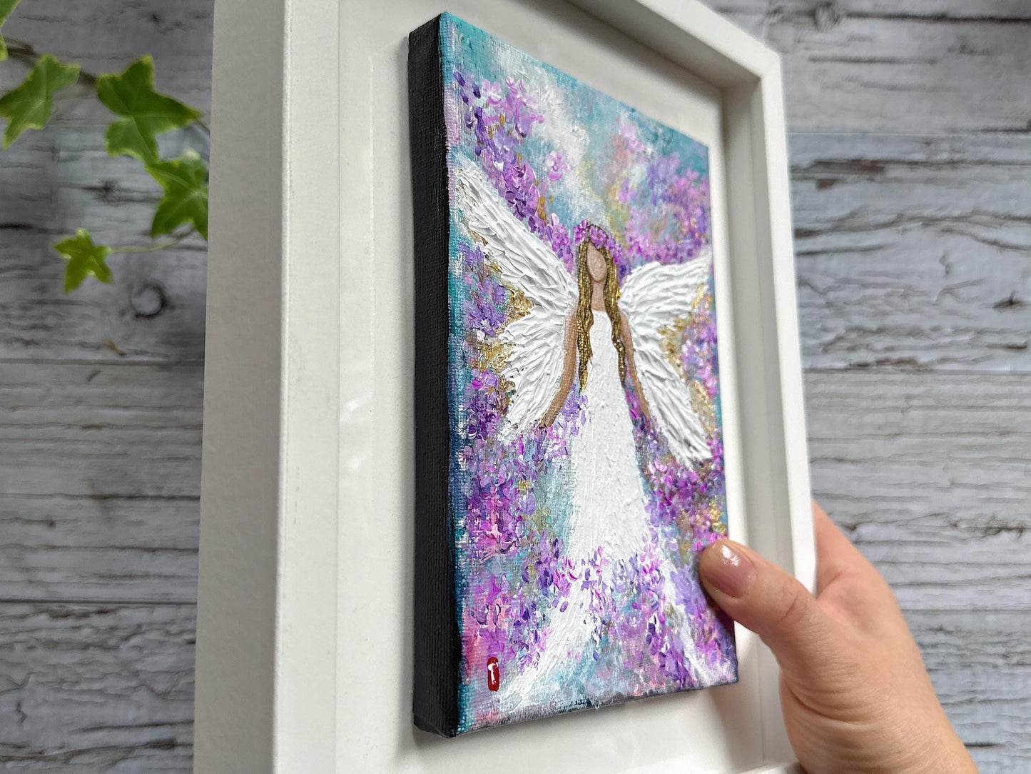 Original Angel Painting - Purple Flower Crown, Guardian Angel Wall Art